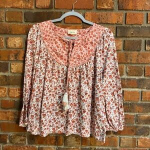 Style & Co womens mixed floral tassels balloon sleeves boho peasant top pink L